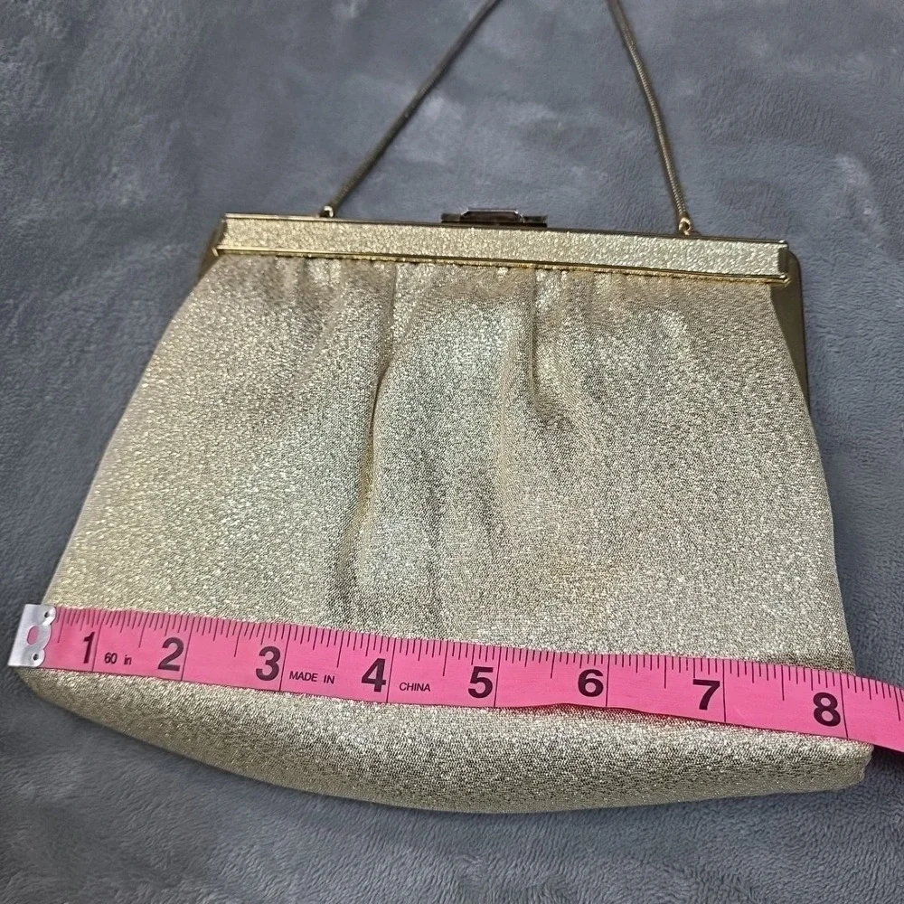 Vtg Ande 1960s Gold Lame Shimmer Clutch / Handbag Clip Clasp & Chain MCM‎ Glamor